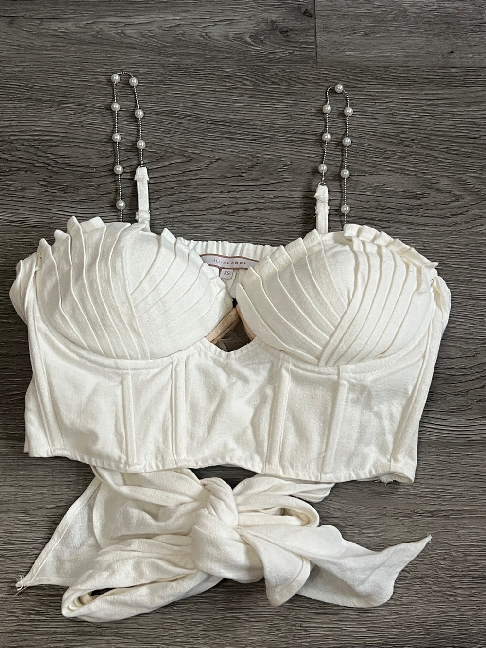 JLUXLABEL Ivory Pleated Bustier Crop Top with Pearl Straps